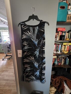White House Black Market Black Dress with Blue and White Leaf Print